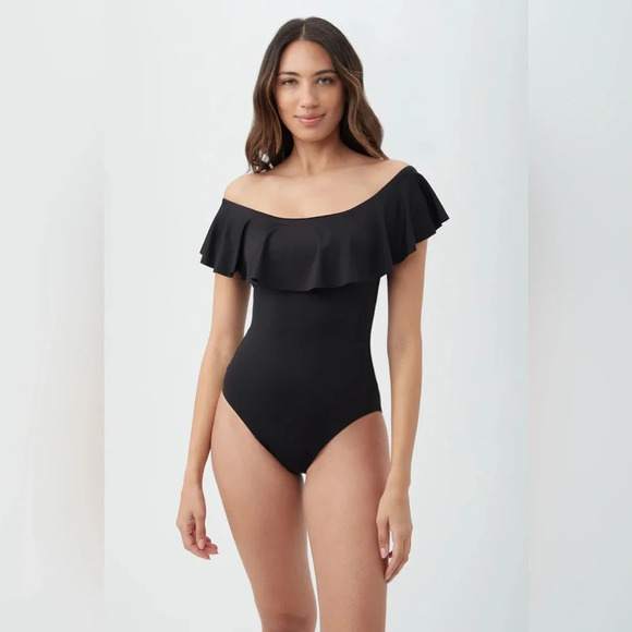 TRINA TURK MONACO OFF THE SHOULDER RUFFLE ONE PIECE SWIMSUIT SIZE 10 - Picture 1 of 9
